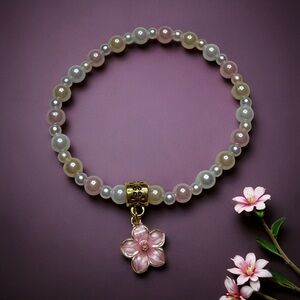 Hand Crafted Pink, Pearl & Gold Flower Charm Bracelet